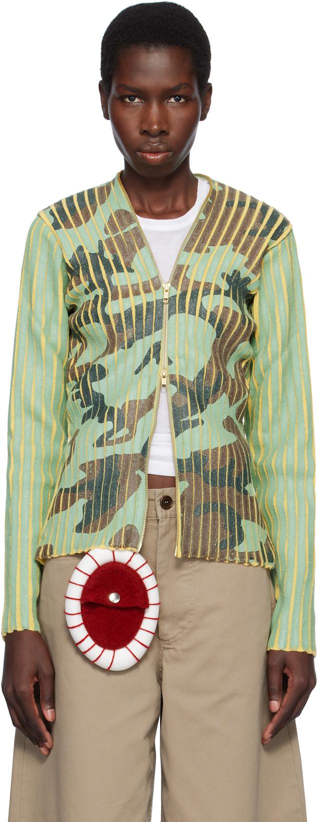 Green & Yellow Plated Knit Jacket by STANLEY RAFFINGTON