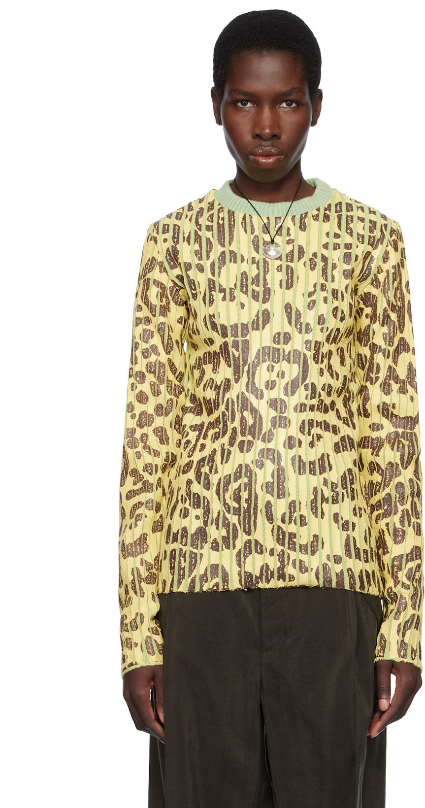 Yellow & Green Leopard Print Plated Knit Crewneck Sweater by STANLEY RAFFINGTON