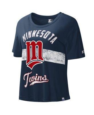 Women's Navy Distressed Minnesota Twins Cooperstown Collection Record Setter Crop Top by STARTER