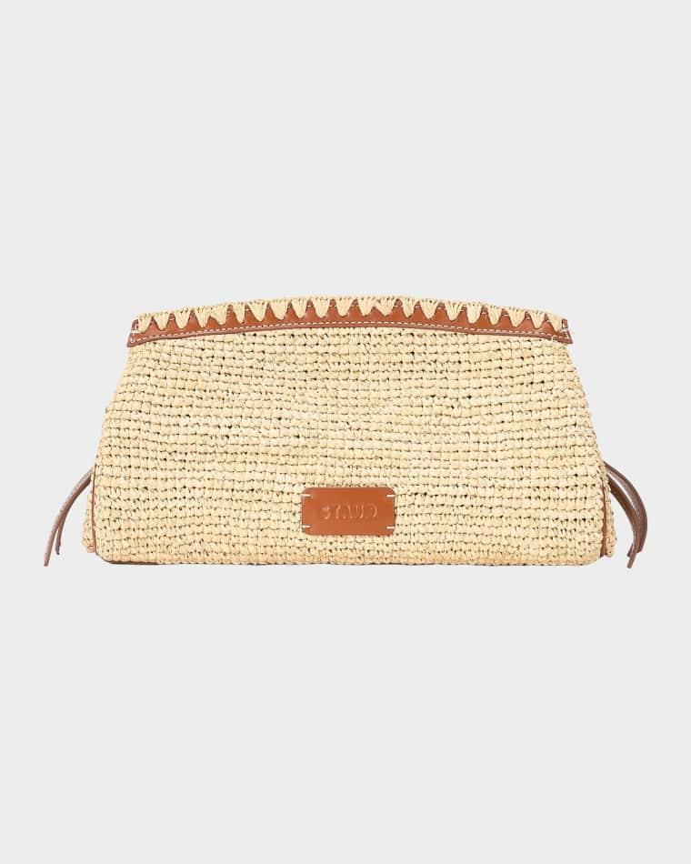 Maude Leather-Trim Raffia Clutch Bag by STAUD