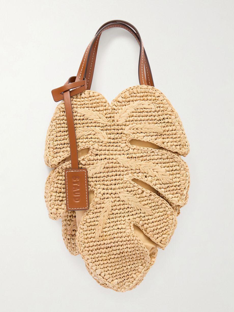 Palm leather-trimmed raffia tote by STAUD