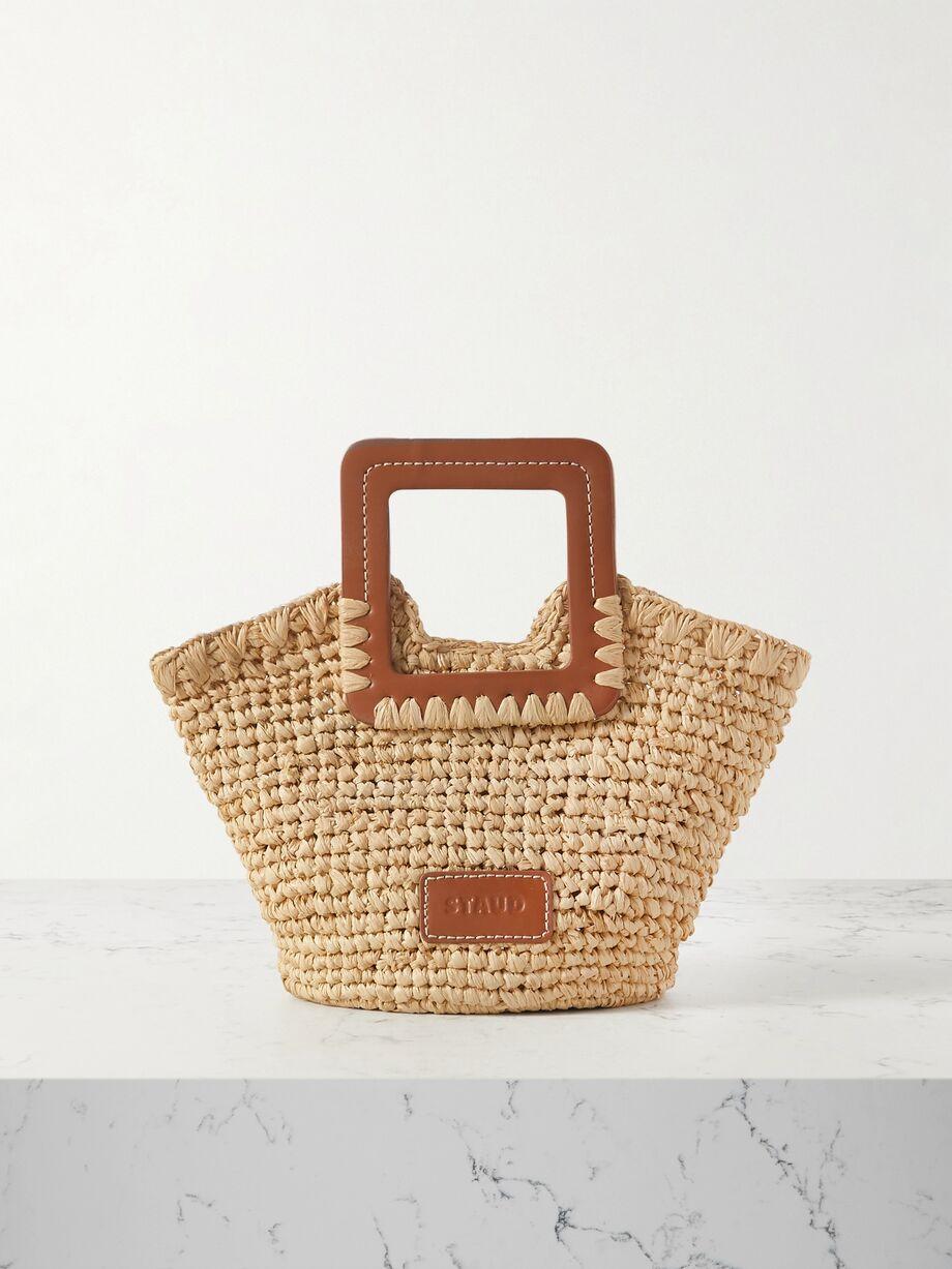 Sienna mini leather-trimmed raffia tote by STAUD