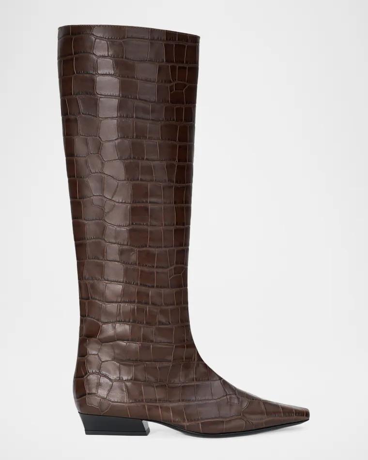 Wally Croc-Embossed Leather Flat Knee-High Boots by STAUD