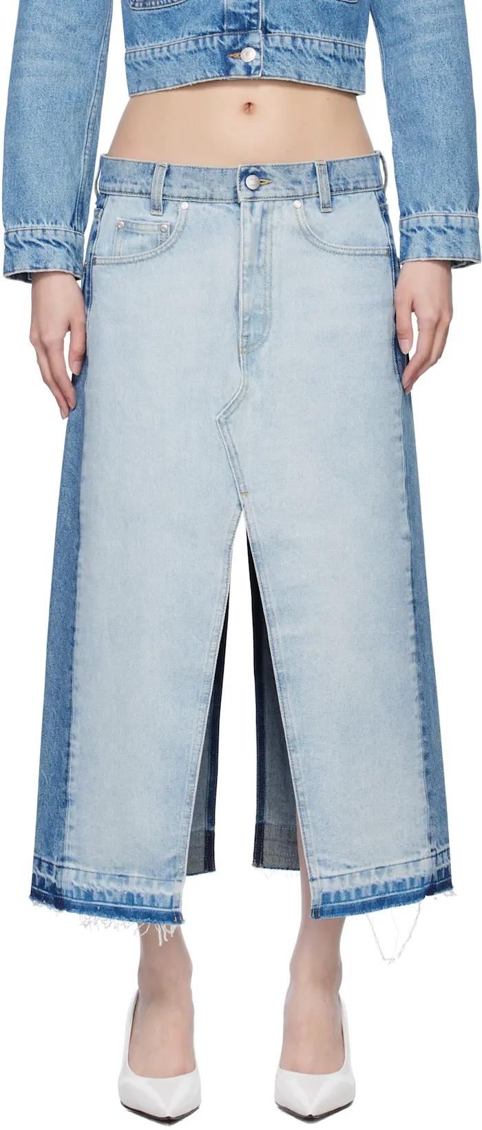 Blue Contrast Panel Denim Midi Skirt by STELLA MCCARTNEY