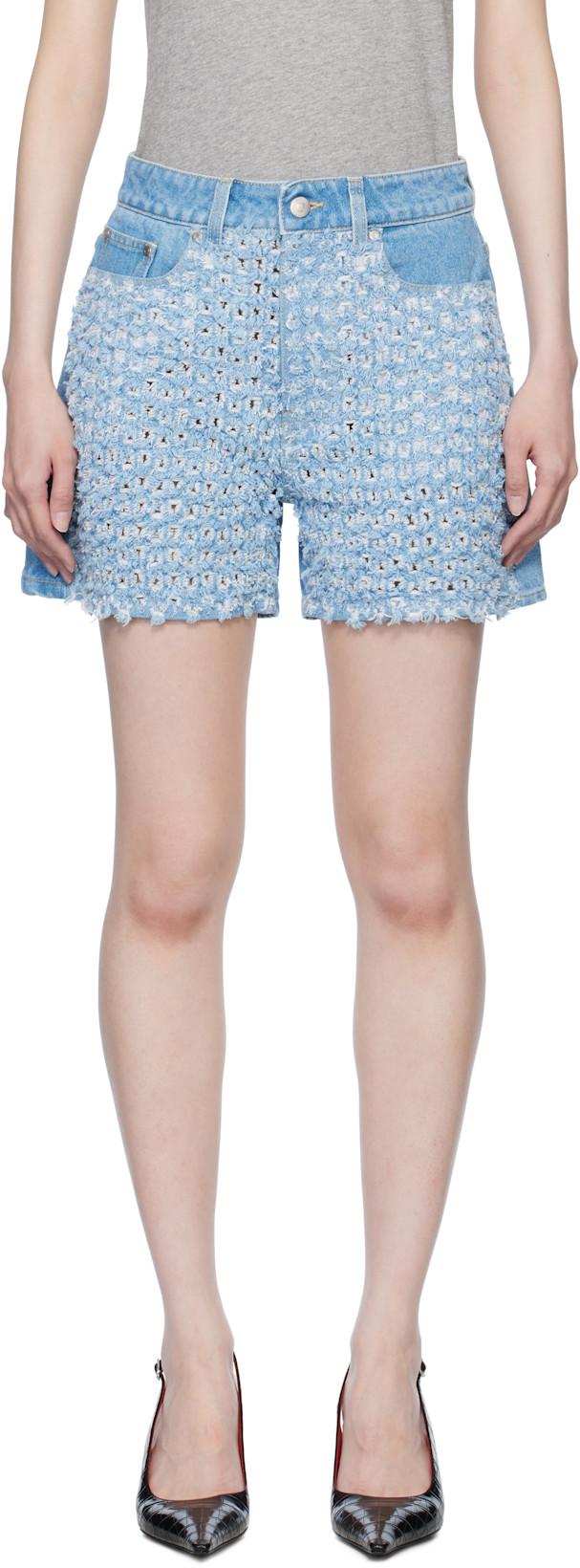Blue Mid-Rise Bouclé Denim Shorts by STELLA MCCARTNEY