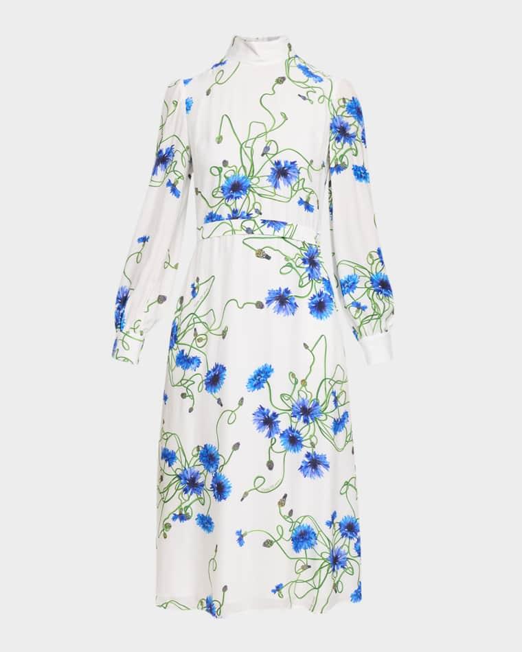 Floral Print Seersucker Long-Sleeve Midi Dress by STELLA MCCARTNEY