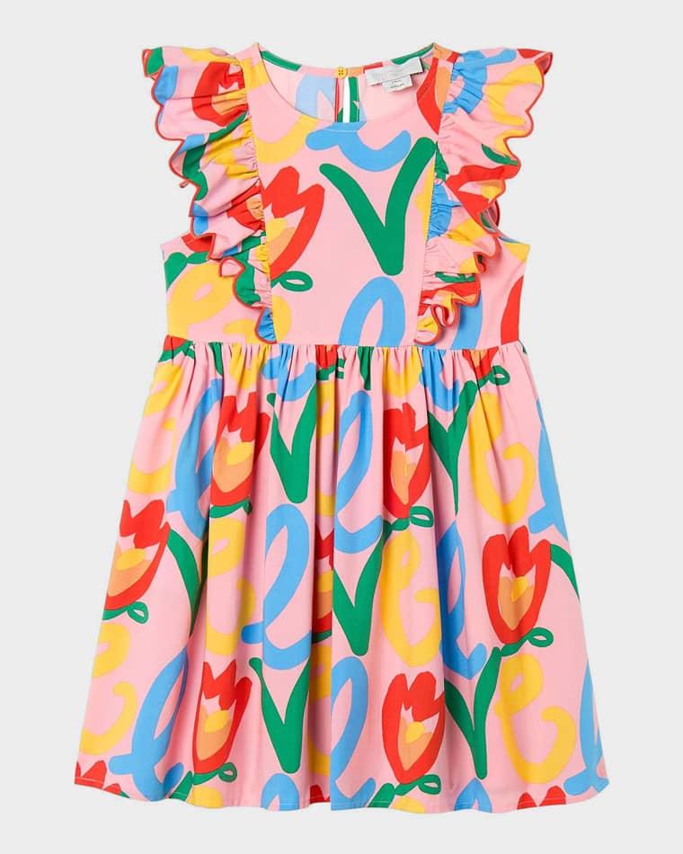 Girl's Love-Print Ruffled-Sleeve Dress, Size 4-12 by STELLA MCCARTNEY