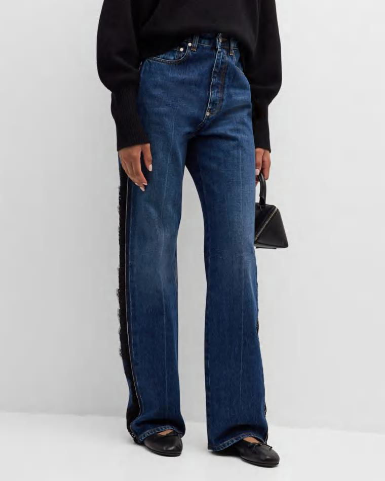 Mid-Rise Lace-Inset Vintage Wash Straight-Leg Jeans by STELLA MCCARTNEY
