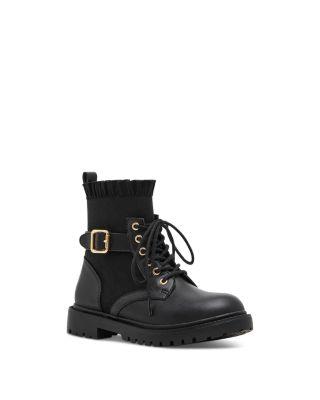 Girls' Ruffle Buckle Strap Combat Boots – Little Kid by STEVE MADDEN