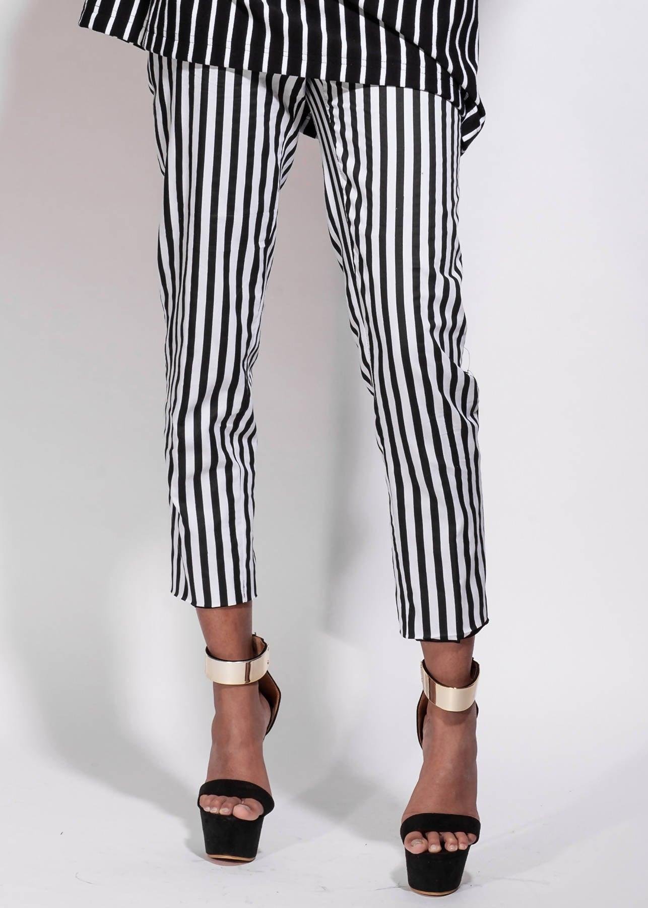 Black/White Striped Pants Anklelength with a Straight Fit by STEVEN VANDERYT