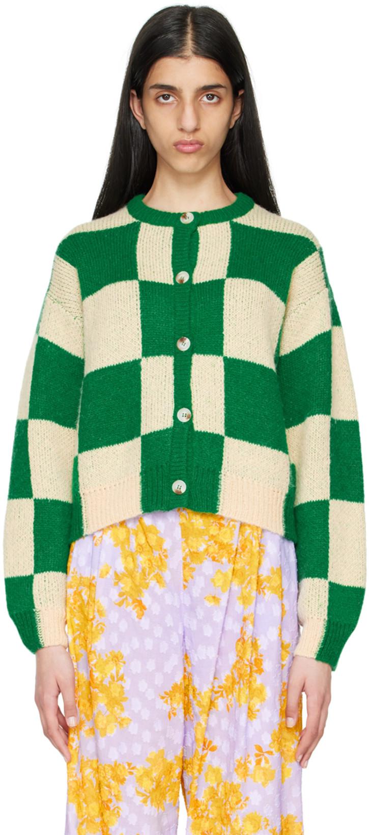 Green & Off-white Ash Cardigan by STINE GOYA