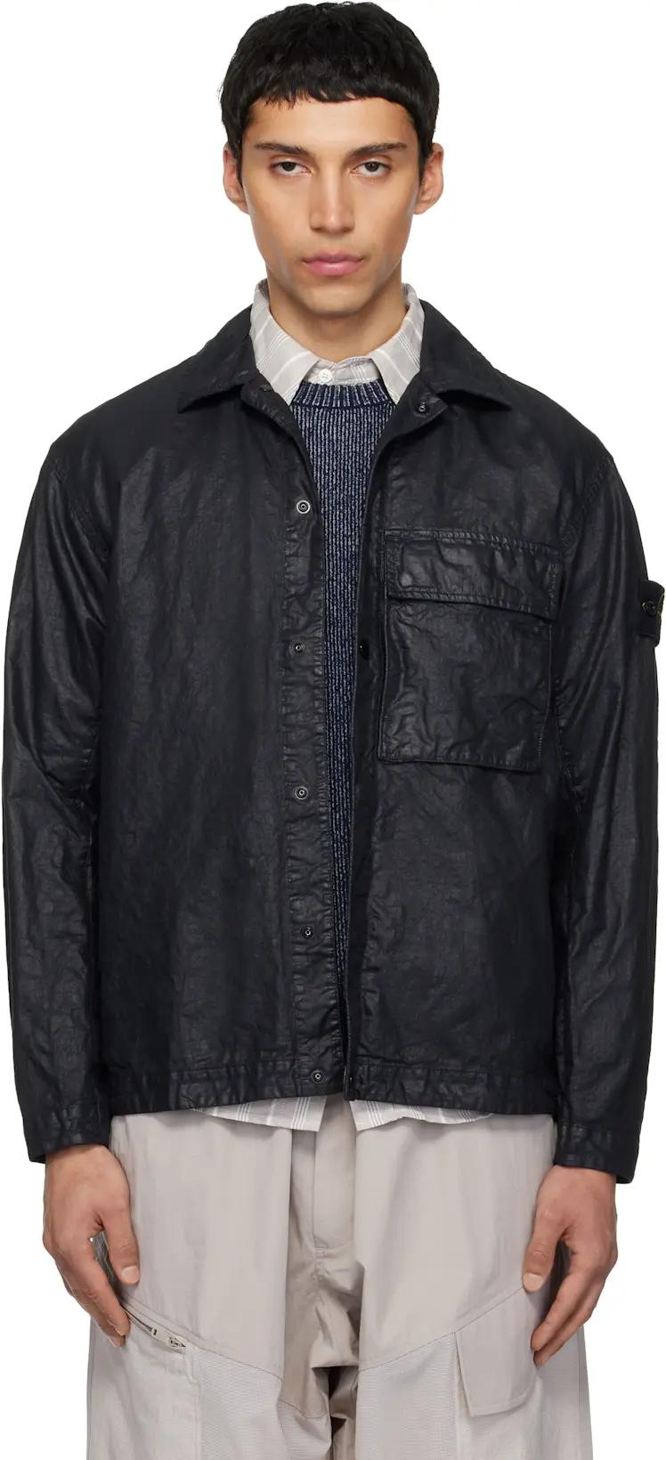 Black 1200003 Organic-Look Nylon Panama-TC Overshirt by STONE ISLAND