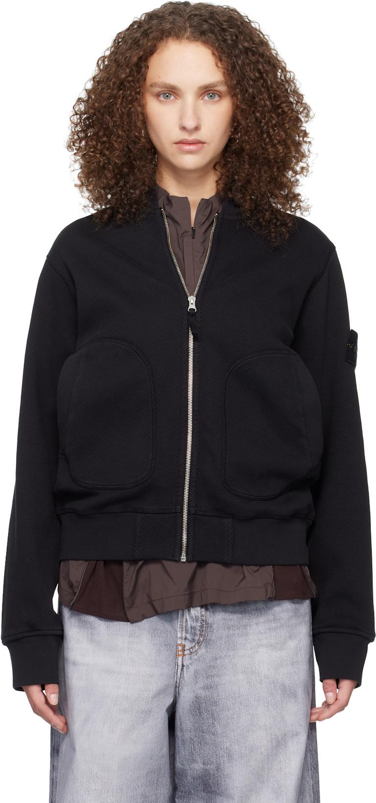 Black 6100014 Mesh Stitch Organic Fleece Track Jacket by STONE ISLAND