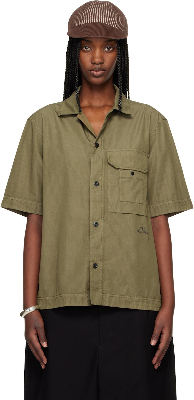 Khaki 1100026 Cotton Nylon Micro Ripstop Shirt by STONE ISLAND