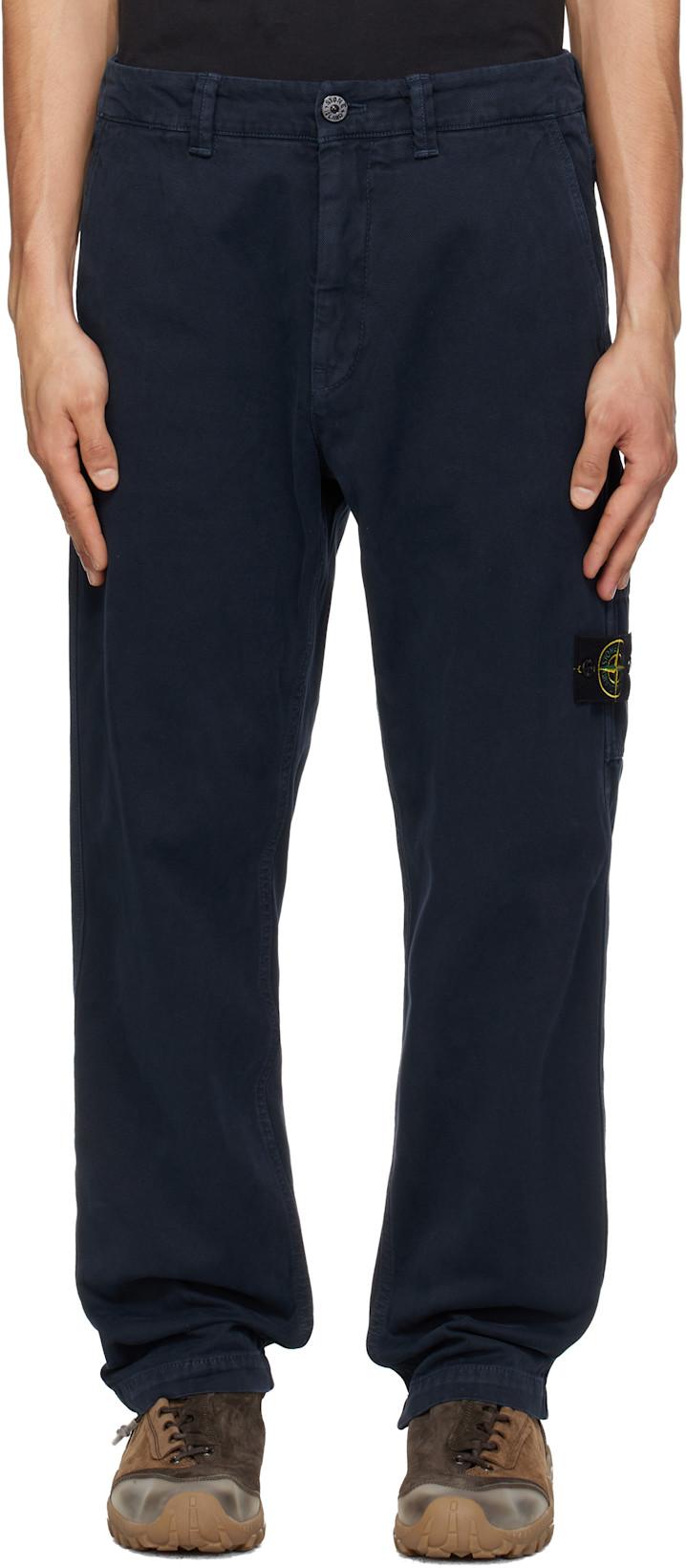 Navy 3100037 Stretch Organic Cotton 'Old' Effect Trousers by STONE ISLAND