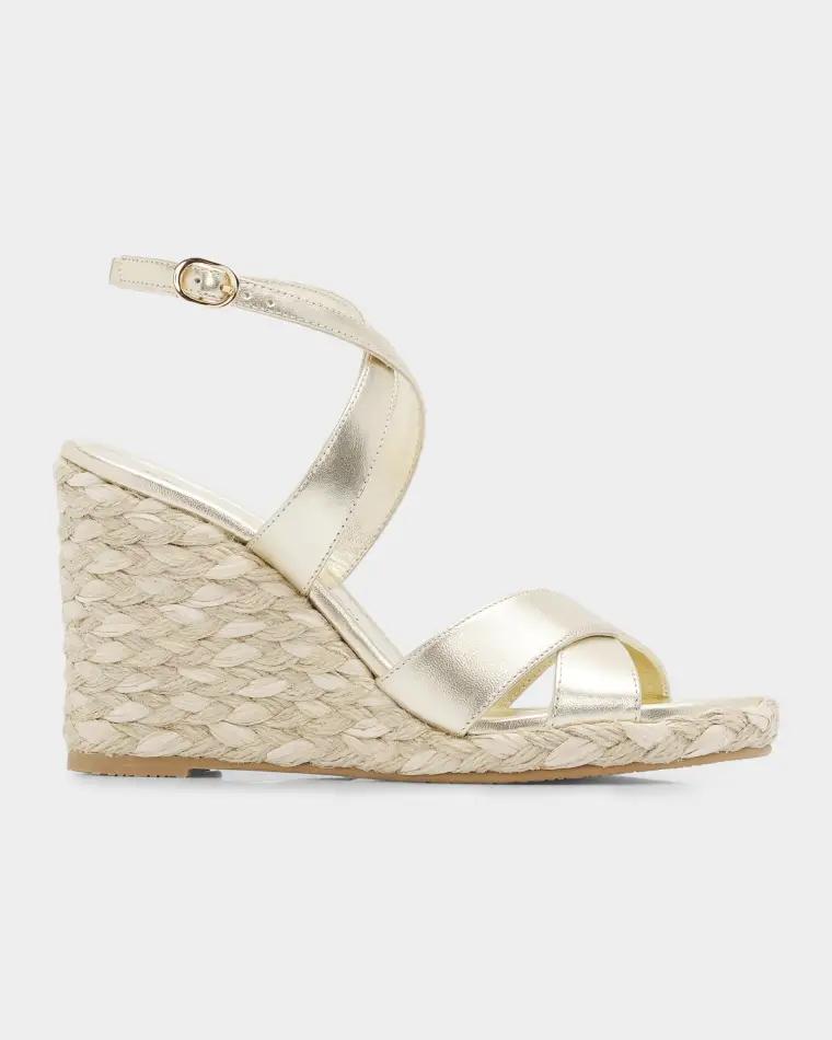 100mm Alyssa Metallic Leather Espadrille Wedge Sandals by STUART WEITZMAN
