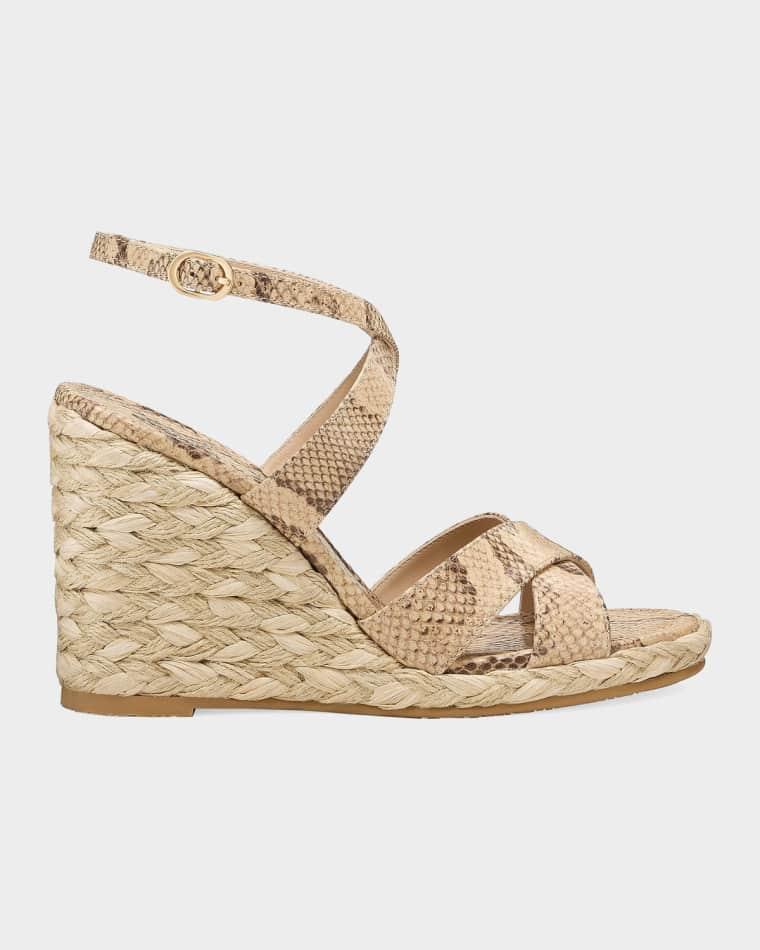 100mm Alyssa Snake-Printed Leather Espadrille Wedge Sandals by STUART WEITZMAN