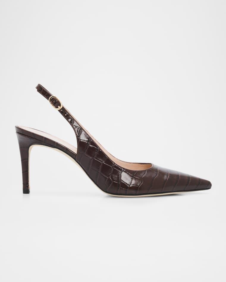 75mm Stuart Power Croc-Embossed Leather Slingback Pumps by STUART WEITZMAN