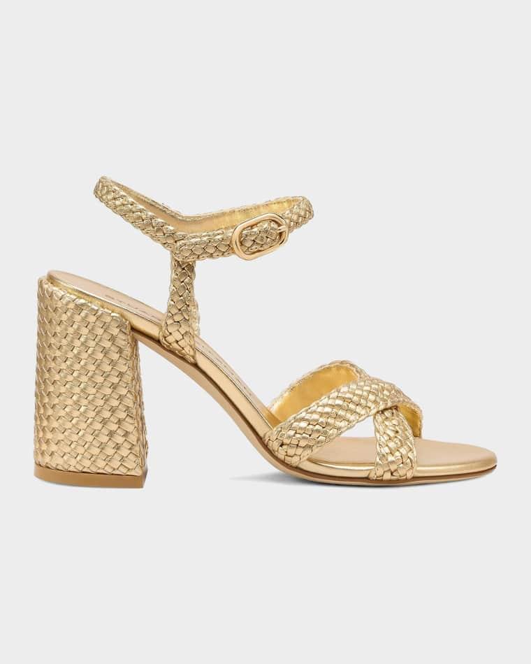 85mm Alyssa Woven Metallic Leather Ankle-Strap Sandals by STUART WEITZMAN
