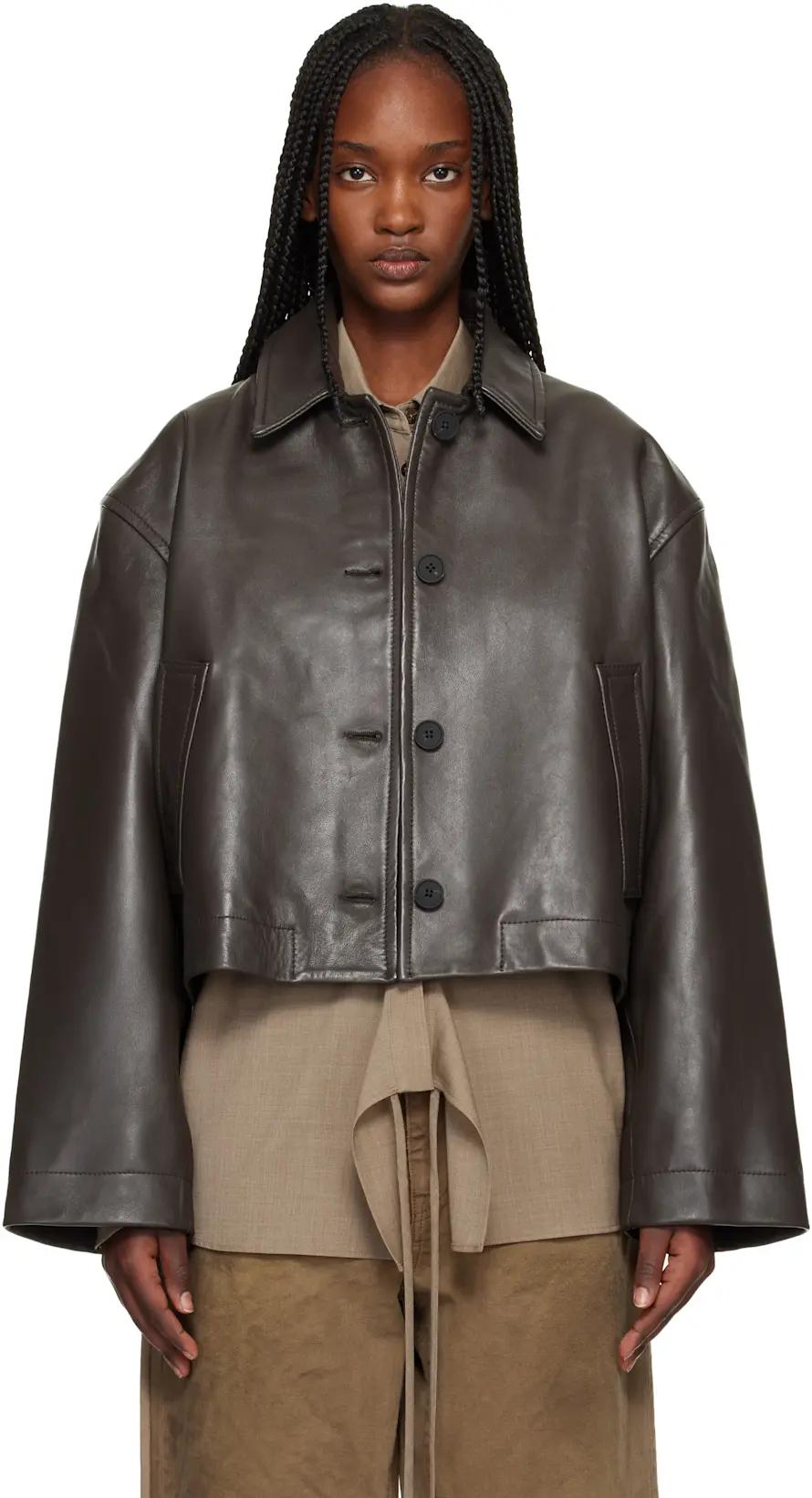 Brown Button Through Cropped Leather Jacket by STUDIO NICHOLSON