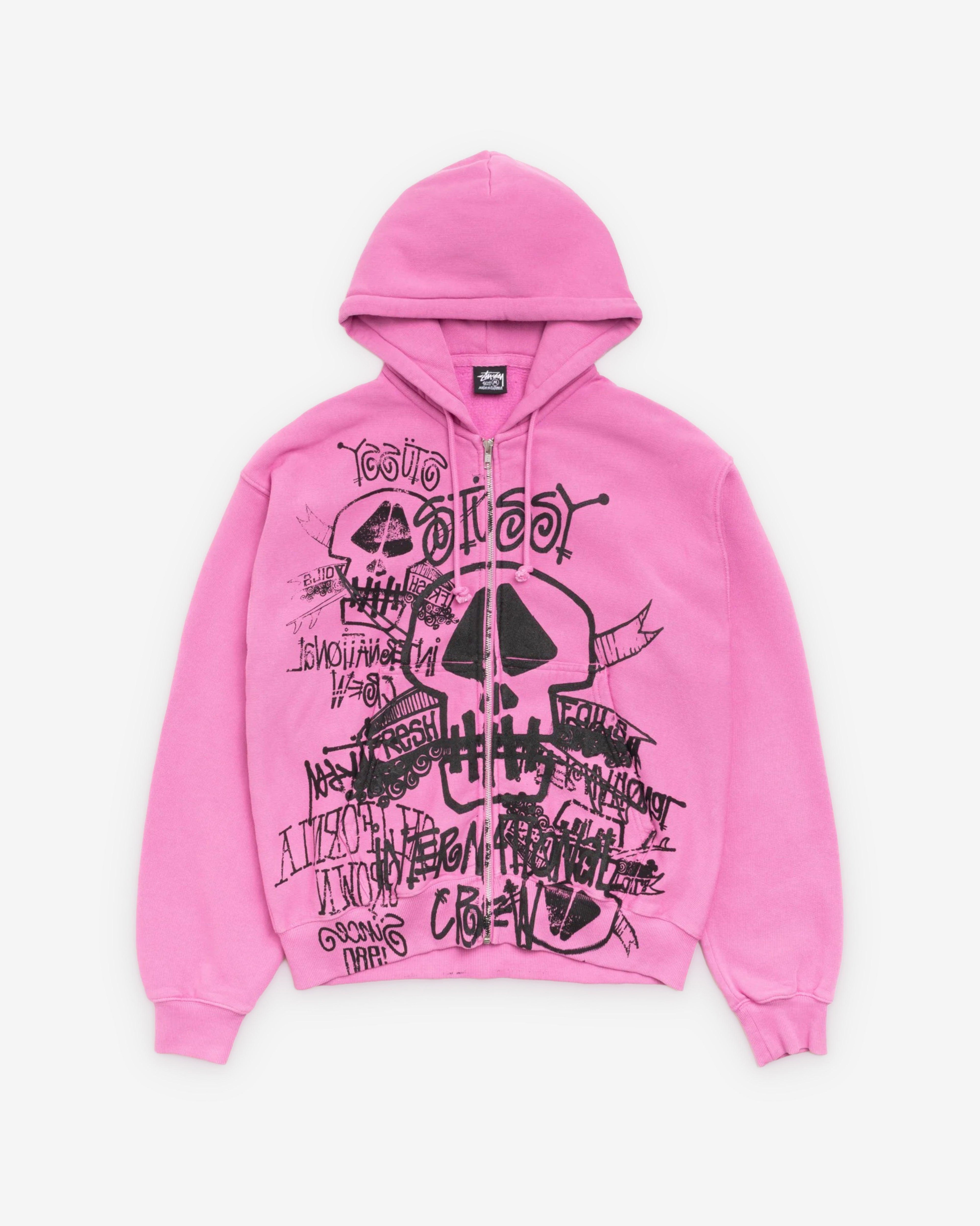 Stüssy  - Men's Skulls Pigment Dyed Zip Hood - (Pink) by STUSSY