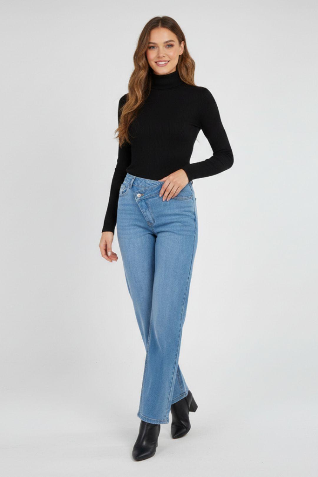 Asymmetric Waist Wide Leg Stretch Denim Jeans by STYLEWISE