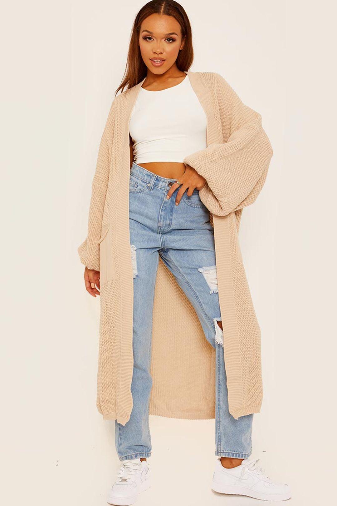 Balloon Sleeve Longline - Open Front - Knitted Cardigan by STYLEWISE