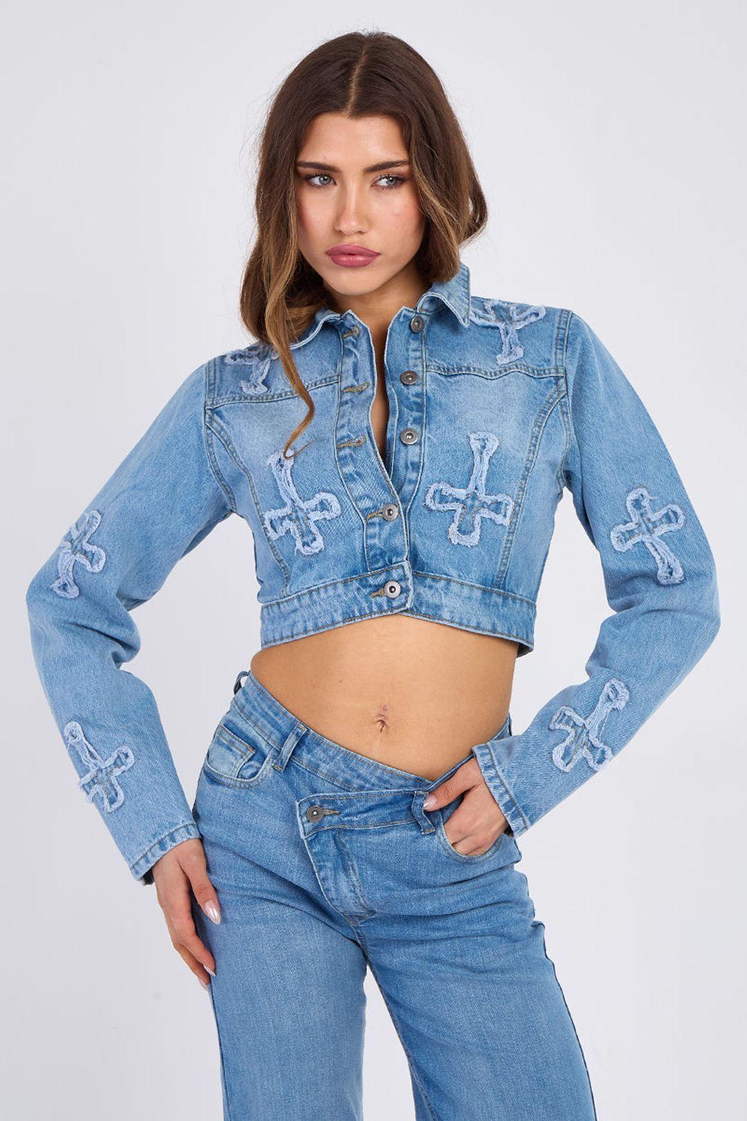 Cross Embroidered Cropped Denim Jacket by STYLEWISE