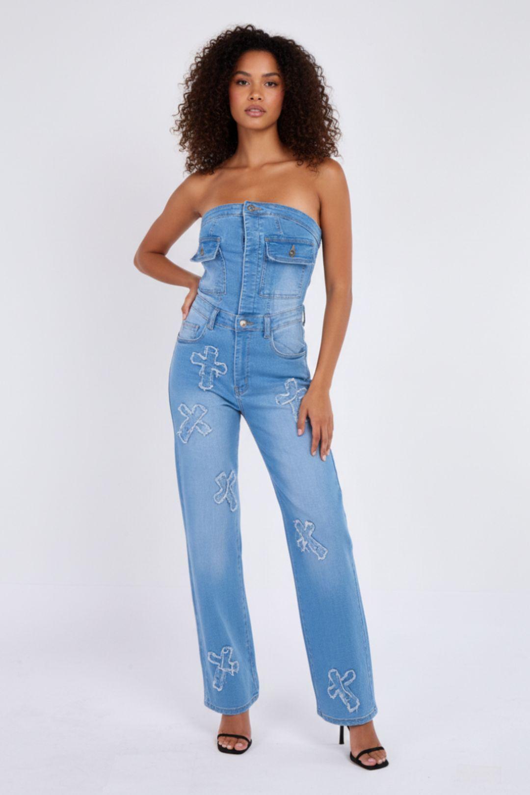 Cross Patch Bandeau Denim Jumpsuit by STYLEWISE