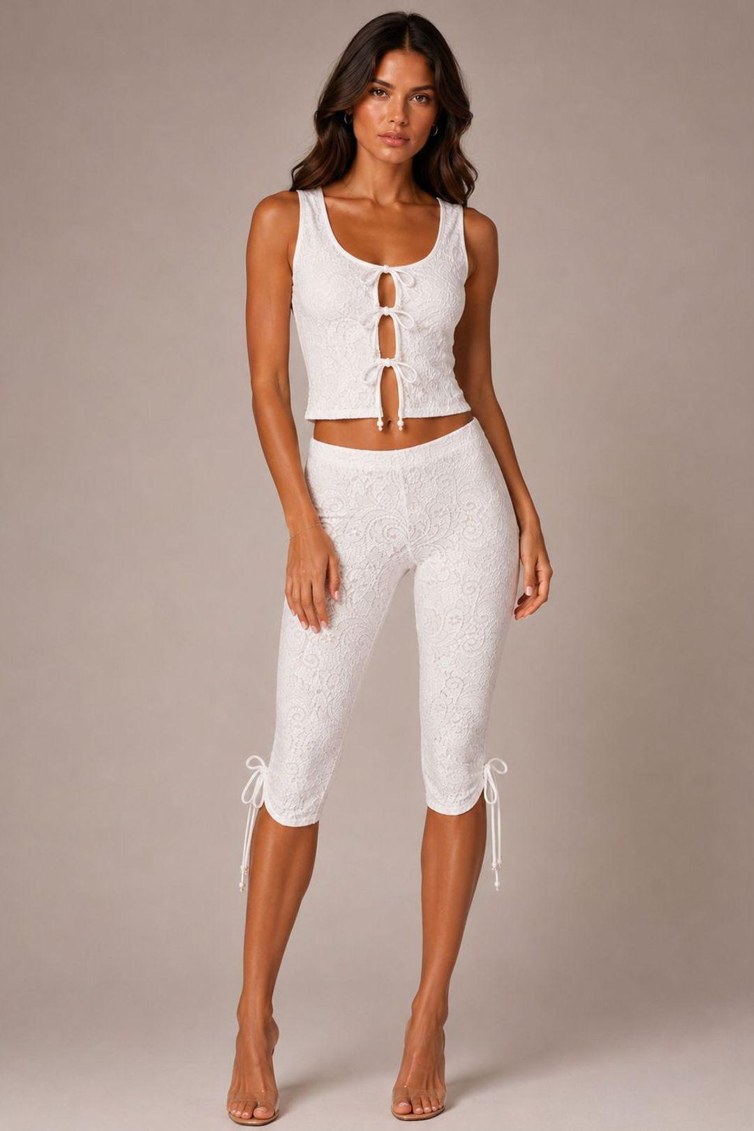 Lace Tie-Front Cropped Top and Capri Legging Co-Ord Set by STYLEWISE