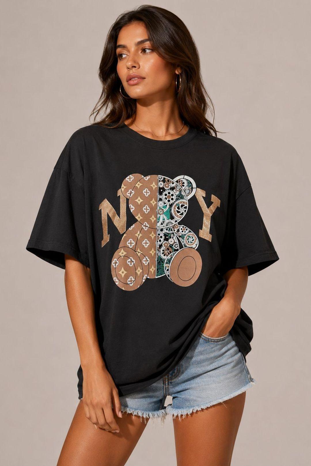 Mixed Monogram Graphic Teddy Bear - Oversized - T-Shirt by STYLEWISE