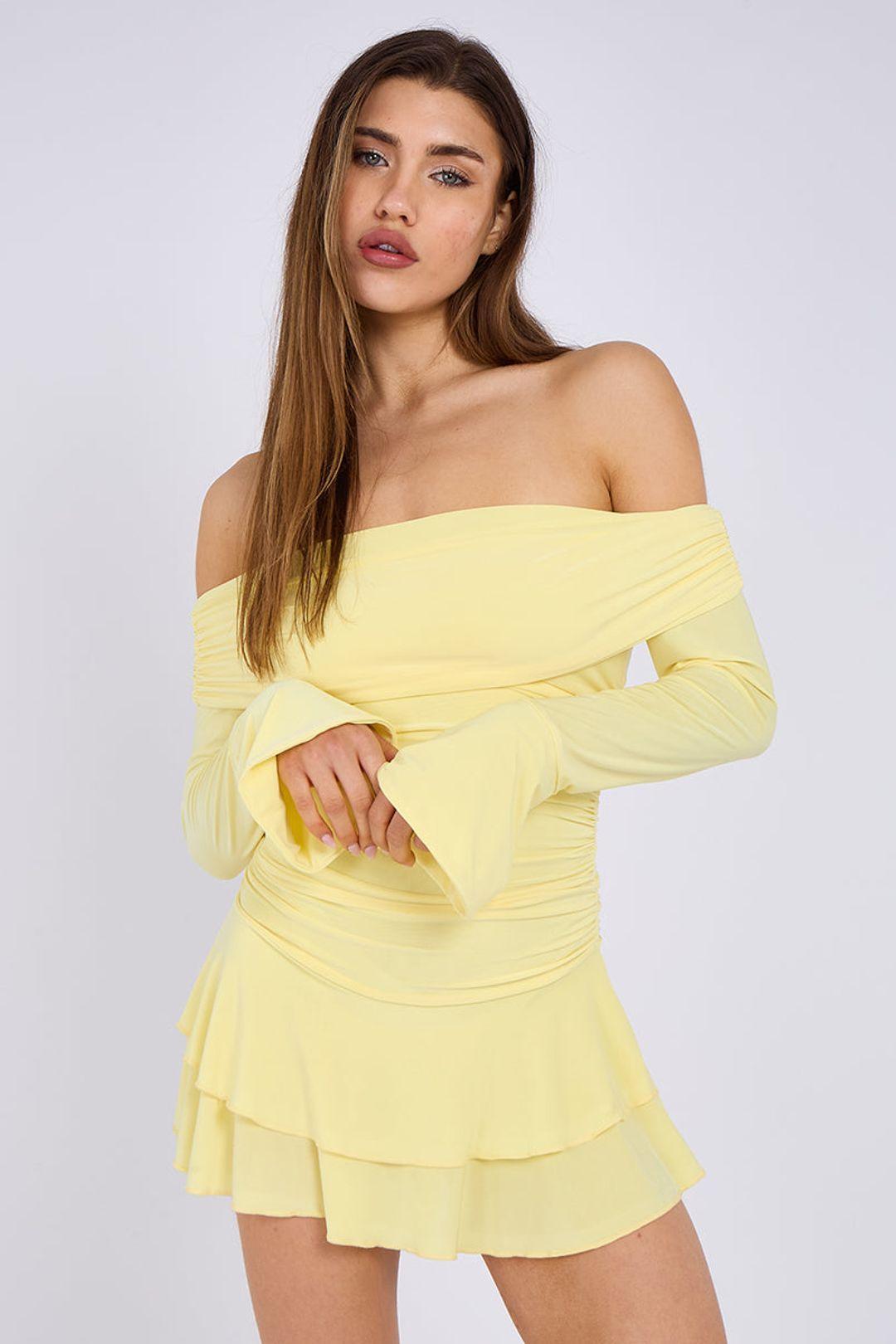 Side Ruched Off-Shoulder Frill Detail Mini Dress by STYLEWISE