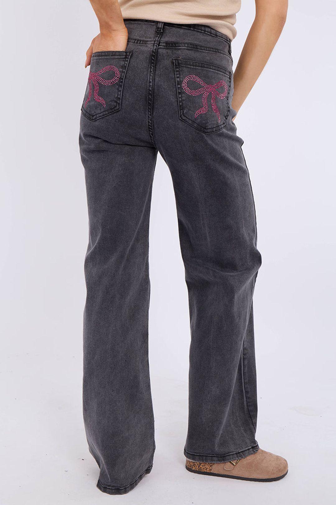 Straight Leg Bow Detail Stretch Denim Jeans by STYLEWISE