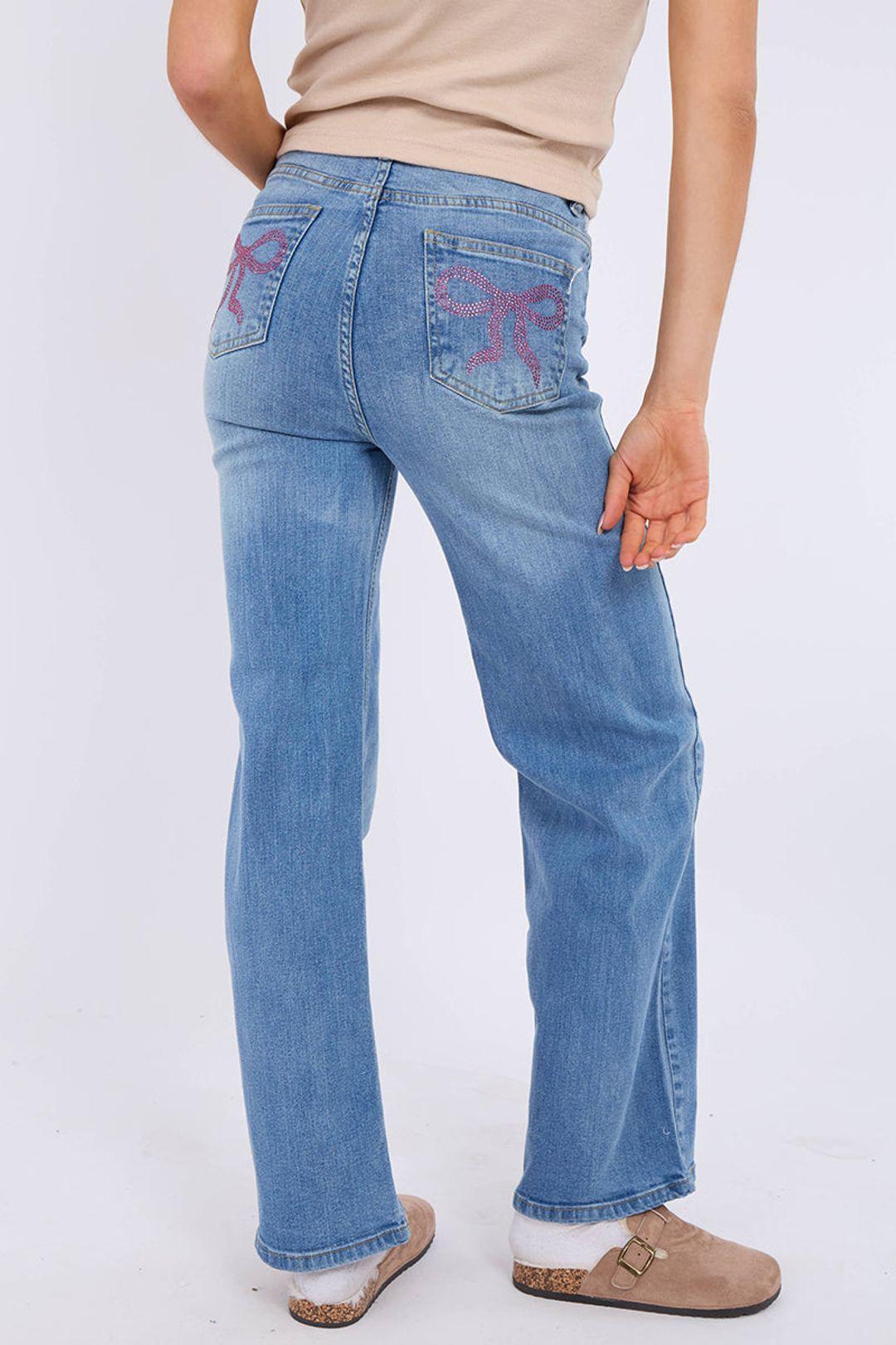 Straight Leg Bow Detail Stretch Denim Jeans by STYLEWISE