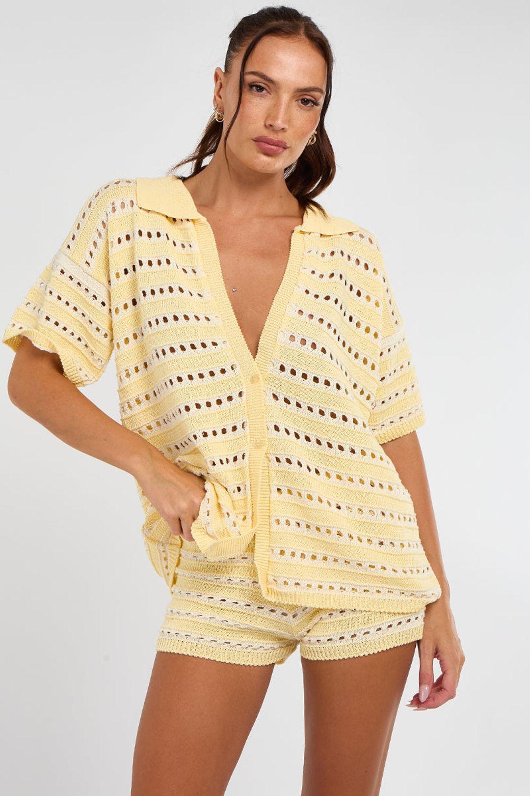 Stripe Crochet Knit Button Cardigan Top and Micro Shorts Co-ord by STYLEWISE