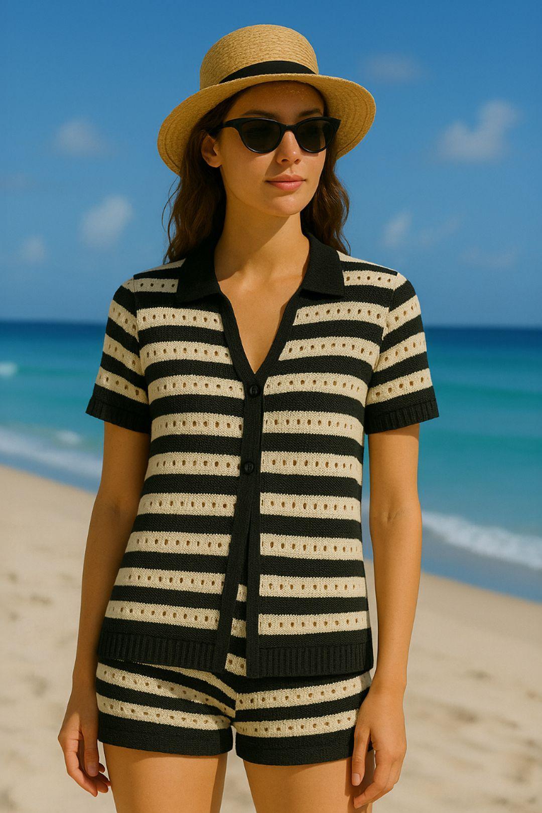 Stripe Crochet Knit Button Cardigan Top and Micro Shorts Co-ord by STYLEWISE