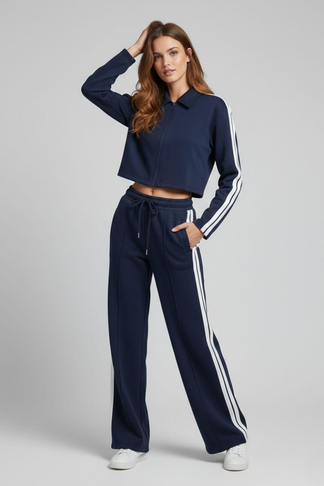 Stripe Zip-Up Tracktop and Jogger Set - Striped - Wide Leg - Tracksuit by STYLEWISE