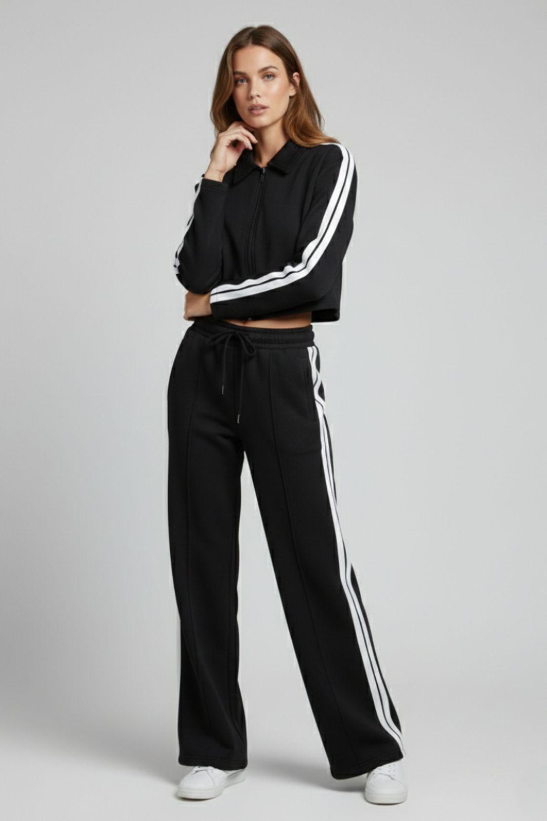 Stripe Zip-Up Tracktop and Jogger Set - Striped - Wide Leg - Tracksuit by STYLEWISE