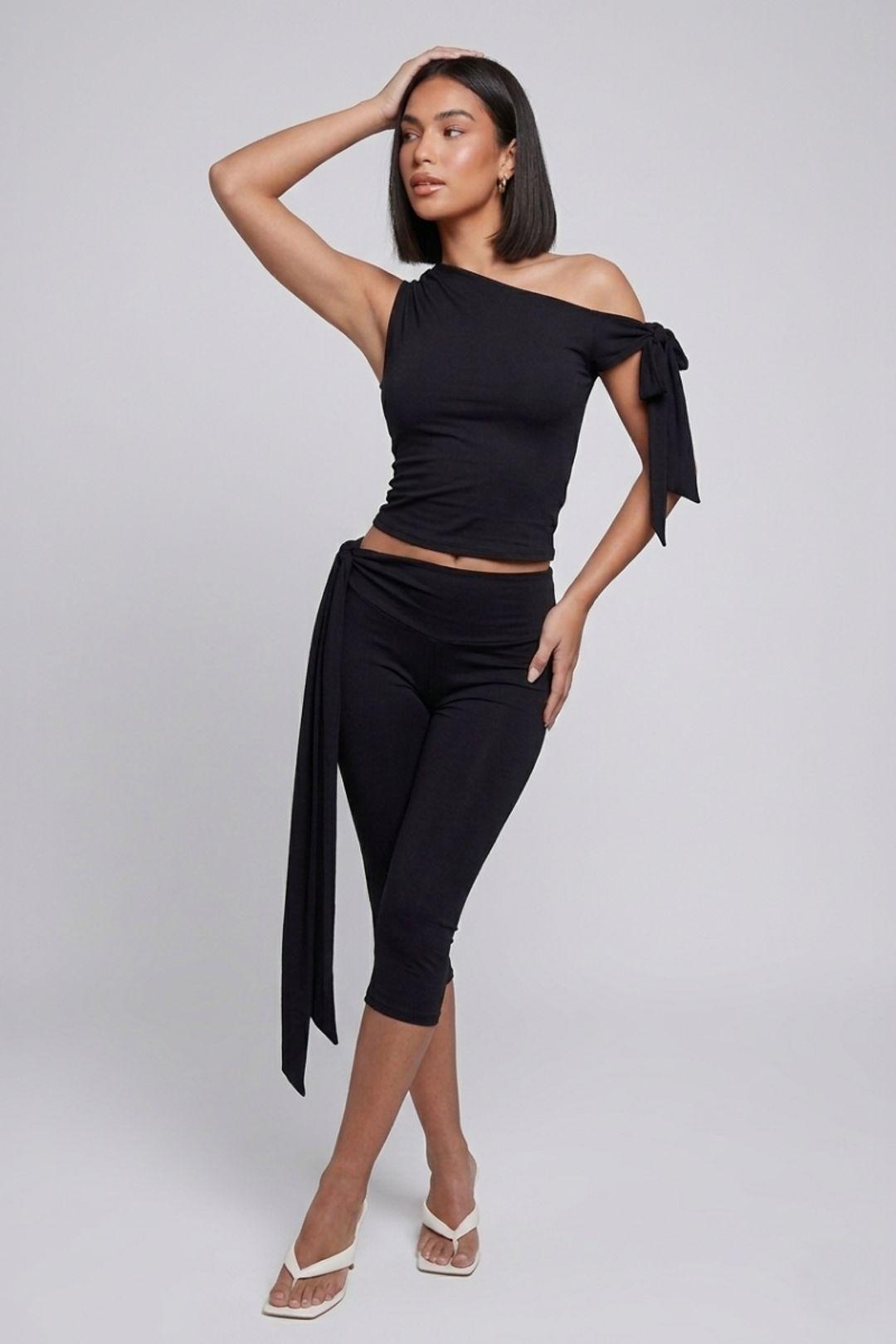 Tie Drop Shoulder Top and 3/4 Legging Co-ord - Slinky - Two Piece Set by STYLEWISE