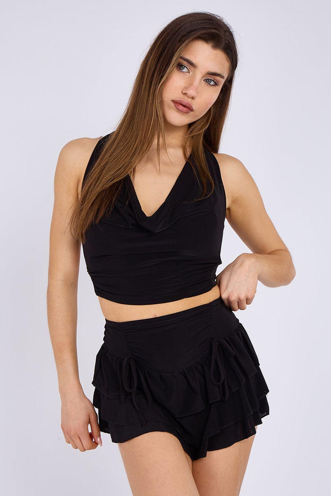 Tie Front Frill Detail Slinky Shorts by STYLEWISE