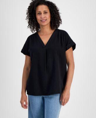 Women's Cotton Gauze V-Neck Short-Sleeve Top, Exclusively at Macy's by STYLE&CO Women's Cotton Gauze V-Neck Short-Sleeve Top, Exclusively at Macy's by STYLE&CO