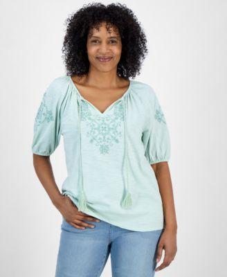 Women's Embroidered Split-Neck Tasseled-Tie Top, Exclusively at Macy's by STYLE&CO