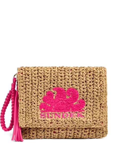 Gabi logo-patch woven clutch bag by SUNDEK