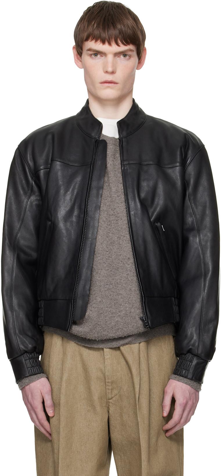 Black Leather Polo Biker Jacket by SUNFLOWER