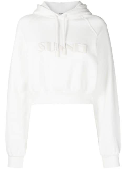 cropped logo-print cotton hoodie by SUNNEI