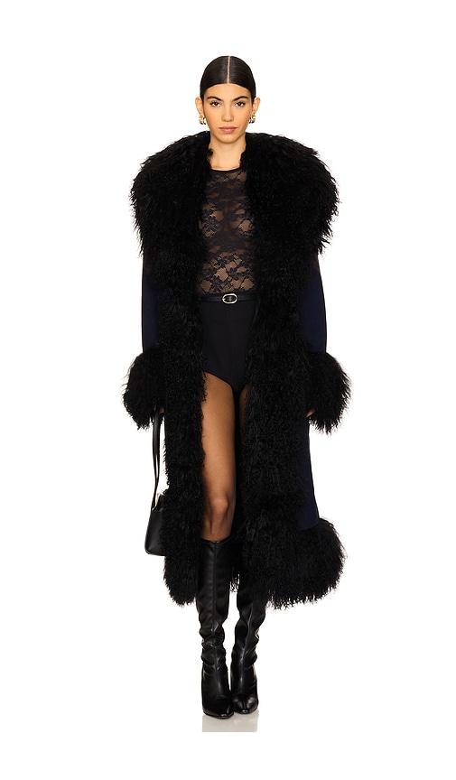 Susanna Chow Dorothy Suede Maxi Coat With Fur Trim in Navy by SUSANNA CHOW