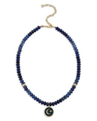 14K Yellow Gold Celestial Sapphire Bead & Diamond Moon Charm Pendant Necklace by SYDNEY EVAN