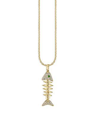 14K Yellow Gold Diamond & Emerald Fishbone Pendant Necklace by SYDNEY EVAN