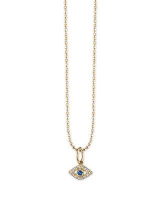 14K Yellow Gold Diamond & Sapphire Tiny Bezel Evil Eye Charm Necklace by SYDNEY EVAN