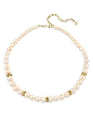 14K Yellow Gold Graduated Freshwater Pearl & Diamond Pav&eacute; Link Rondelles Necklace by SYDNEY EVAN